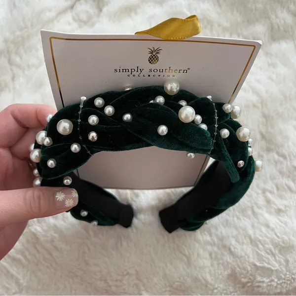 NEW Simply Southern Green Velvet Pearl Headband Christmas Holiday NWT - Image 3