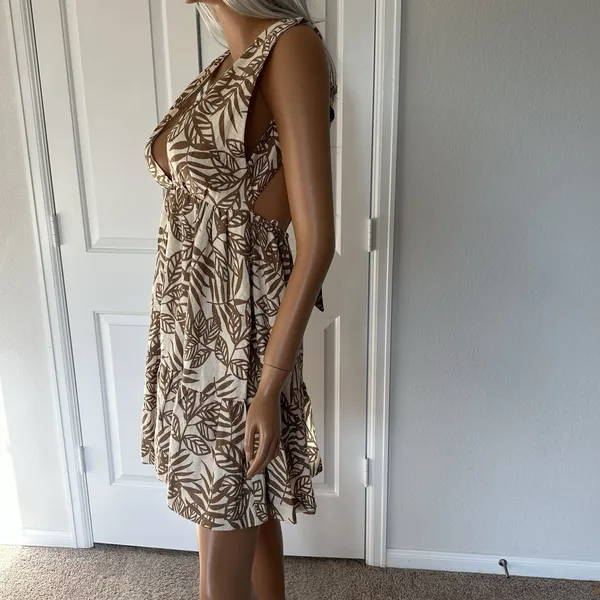 House of Harlow 1960 Linen Boho Dress XS Open Back Tie‎ Floral Pockets Coastal - Image 5