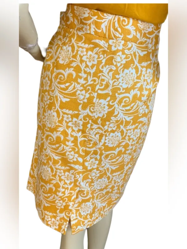 Ann Taylor Loft Golden Yellow And White Floral Print Cotton Blend Skirt (14) - Image 4
