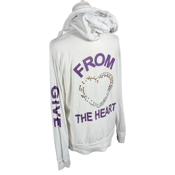 Zip Up Hoodie Womens L White Give From The Heart Rhinestone Peace Graphic - Image 9