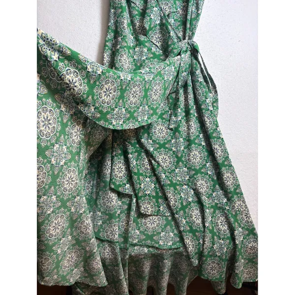Max Studio Green Mandala Print Ruffle Faux Wrap Maxi Dress Large - Image 5