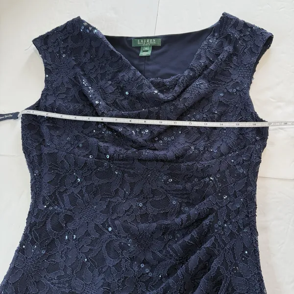 Ralph Lauren Navy Blue Sequin Lace Cowl Neck‎ Sheath Sleeveless Dress Size 10 - Image 9
