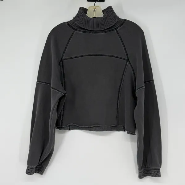 Aerie Oversized Boxy Gray Cropped Mock Neck Sweatshirt Pullover‎ Raw Hem S Small - Image 2