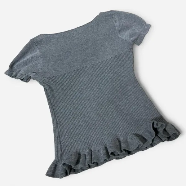 Hyperbees Ribbed Peplum Dark Academia Top Polka‎ Dot Ruffle Bow Square Neck S - Image 4