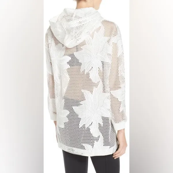 Free People FP Movement White Floral Mesh Hoodie High Low Hem Sweatshirt‎ Large - Image 3
