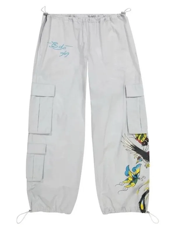 NWT Ed Hardy Drawstring Cargo Pants Grey Low Rise Butterflies Phoenix Graphic M - Image 2