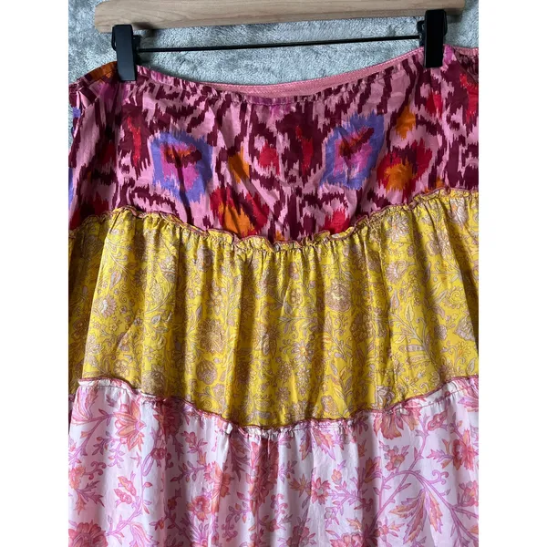 Hale Bob Silk Tiered Maxi Skirt Size Large Boho Floral Patchwork Festival - Image 4