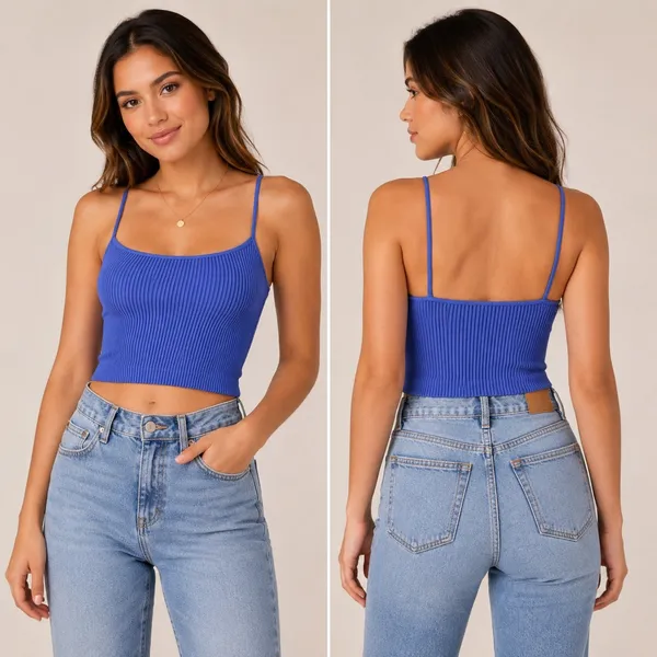 STPL Ribbed Crop Tank Top Womens One Size Blue Seamless Stretch Cami - Image 2