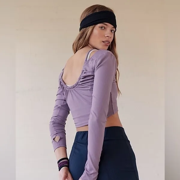 Free People Movement Hot Tip Layer Crop Top Long Sleeve Ruched Black Large Yoga - Image 4