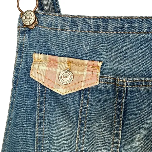 Lei Juniors L Blue Denim Overalls Plaid‎ Patchwork Shorts 100% Cotton Shortall - Image 4