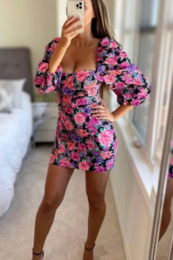 floral print sweetheart neckline Puffsleeve longsleeve mini dress - Image 7