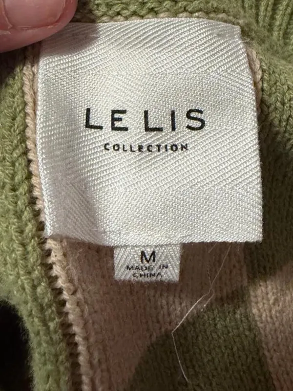 Le Lis Olive Green and Beige Checker Knit Cardigan - Image 3
