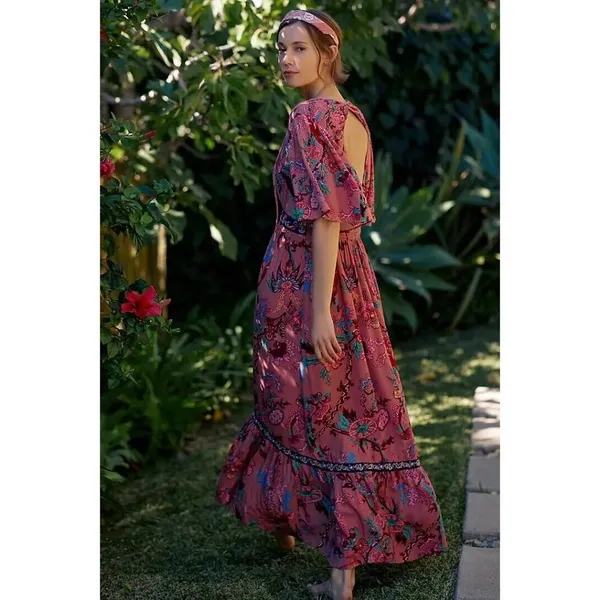 NWT by Anthropologie Ruffled Embroidered Maxi in Pink Floral V-neck Dress S - Image 4