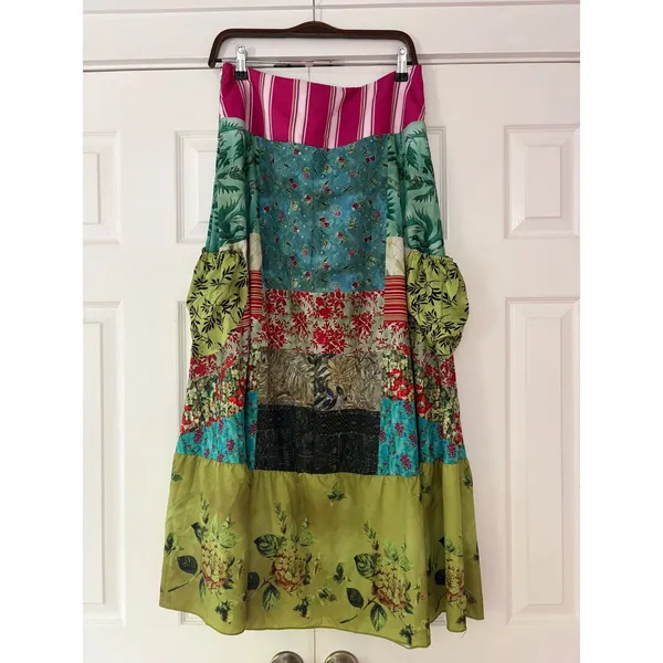 Bohemian Patchwork Floral Tiered Maxi Skirt Pink Cottagecore Gypsy Temu‎ - Image 2