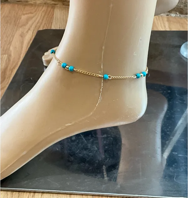 Elegant Turquoise Beaded Gold Anklet Blue - Image 2