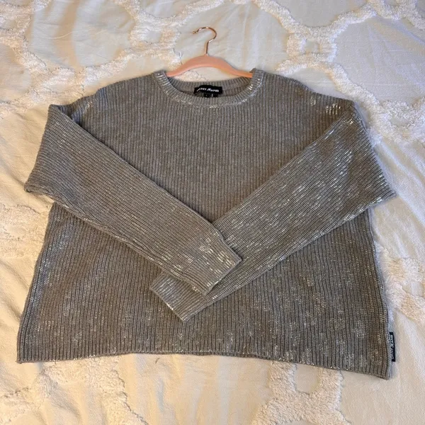 DKNY Jeans 100% Cotton Gray & Metallic Silver‎ Animal Print Size L Crew Sweater - Image 14