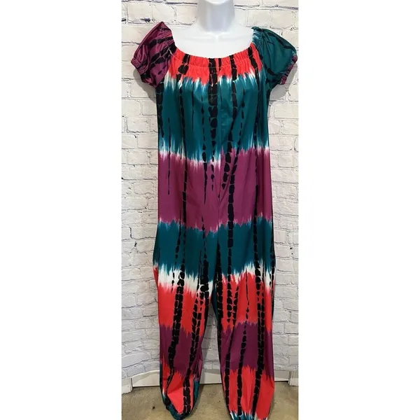 Tie Dye Off the Shoulder Jumpsuit with Pockets, Casual Polyester Large - Image 2
