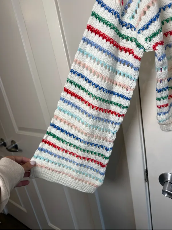 Striped Cream Crochet Crewneck Sweater with Multicolor Accents - Image 6