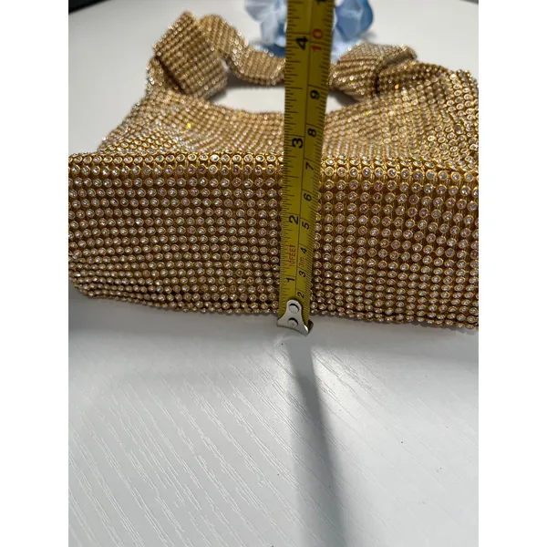 Gold Rhinestone Mesh Knotted‎ Handle Evening Handbag with Detachable Chain Strap - Image 5