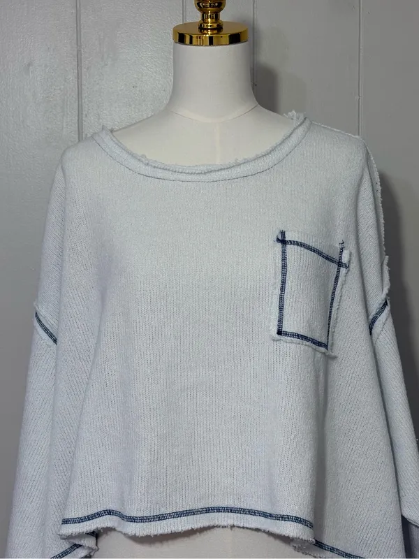 POL Cropped Oversized Sweater Top White Contrast Stitch Raw Hem Size L - Image 2