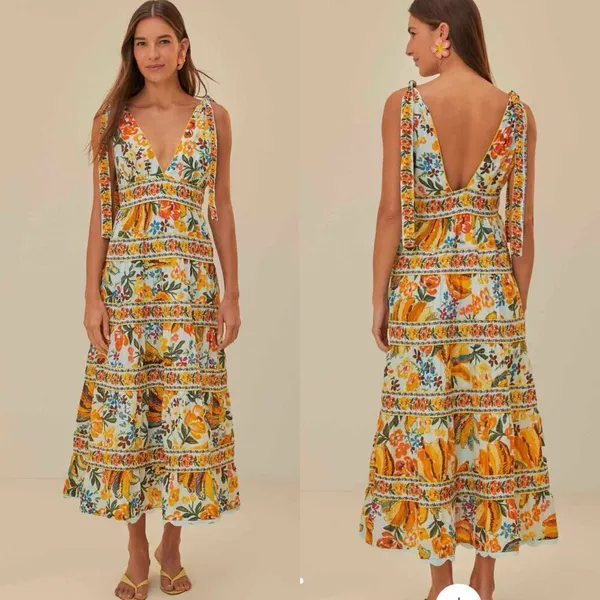 Farm Rio Blue Spring Bananas Midi Dress Size Large Tropical Vacation Casual - Image 11
