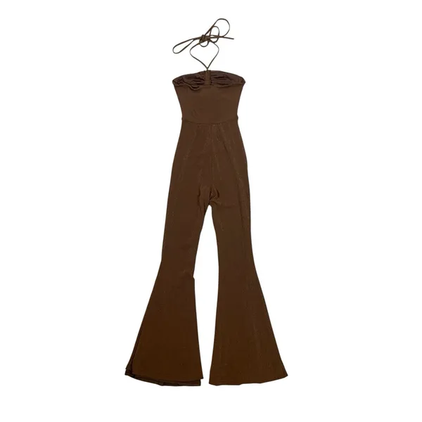 Princess Polly 4 Brown Cutout Halter Flare Jumpsuit Y2K Festival Going Out - Image 3