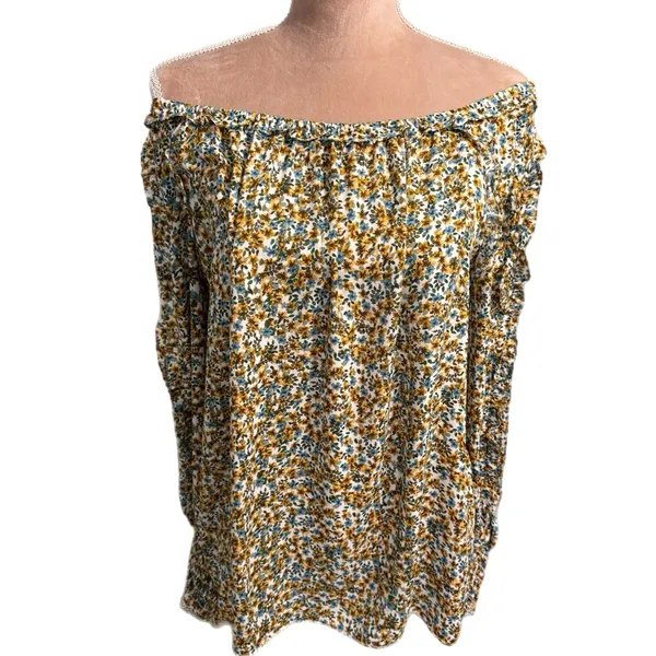 Max Studio Boho Floral Blouse Ruched Cuff Shirt Long Sleeve Chiffon Women’s Sz L - Image 4