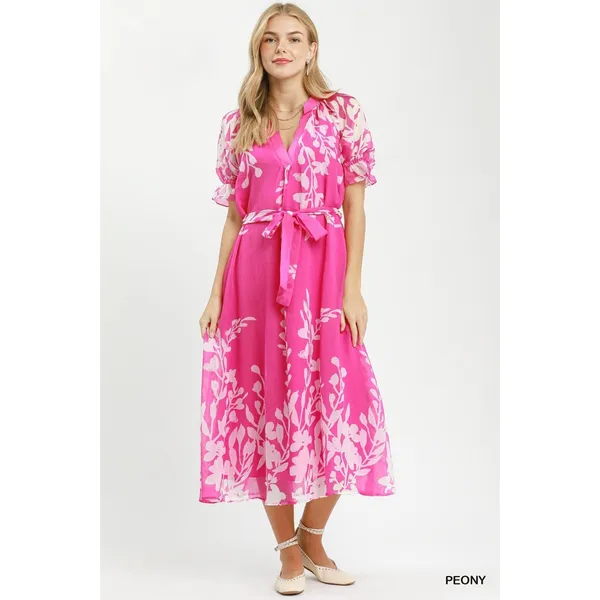 Umgee Floral Print Tie Waist Midi Dress with Side Pockets - Peony - Small - Image 5