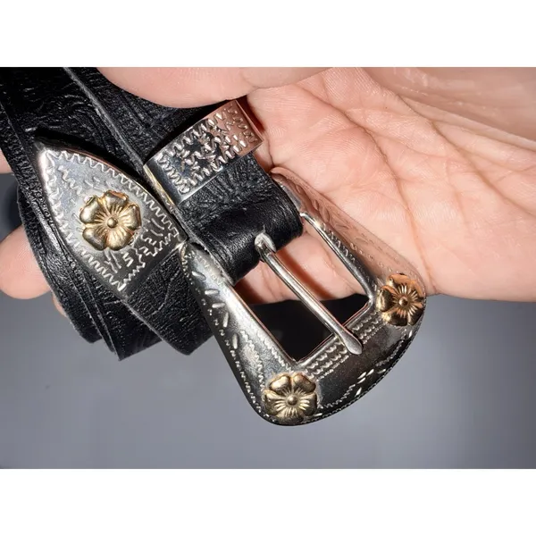 Vintage Nicole Black Suede Silver Western Buckle Belt - M/L 38.5" Slim‎ - Image 3