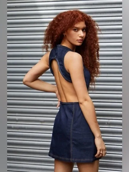 Silence + Noise Lilith Denim mini dress open back Cutout Shift dark wash UO - Image 3