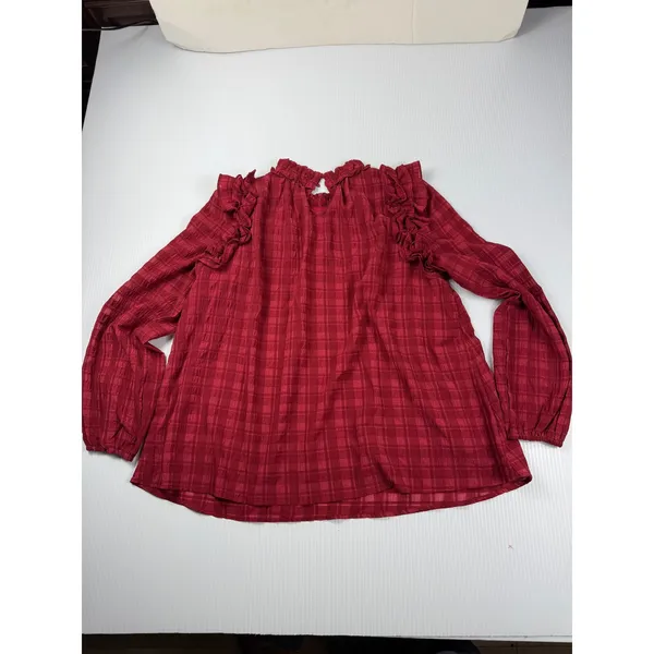 Entro Plaid Ruffle Long Sleeve‎ Blouse Top Keyhole Casual Red Size S - Image 5