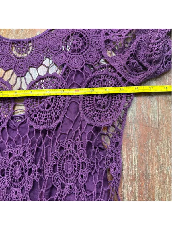 Free People Purple Crochet Lace Mini Dress Double Tie Back Tassel Bell Sleeve Sm - Image 8