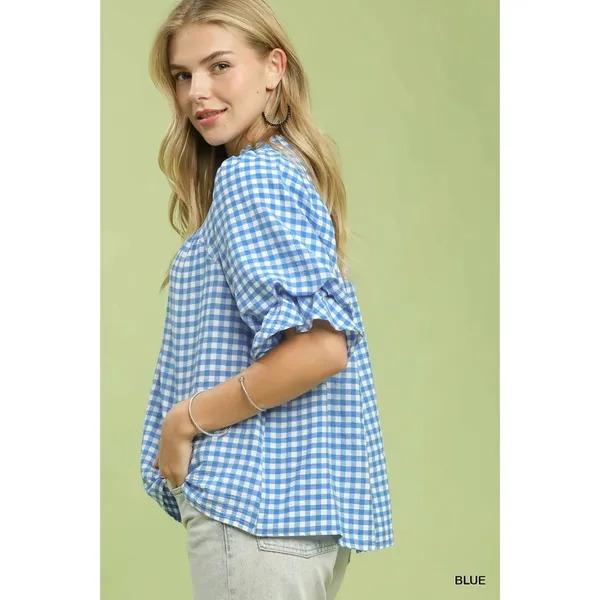Umgee Gingham Check Blouse with Ruffle‎ Sleeves - Medium - Image 2