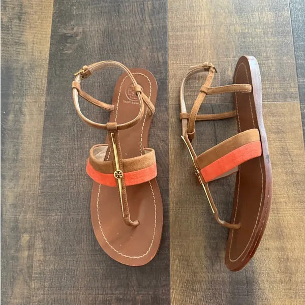 Tory Burch Logo T Strap Sandals Brown Coral Leather Flat Sandal Size 9 - Image 7