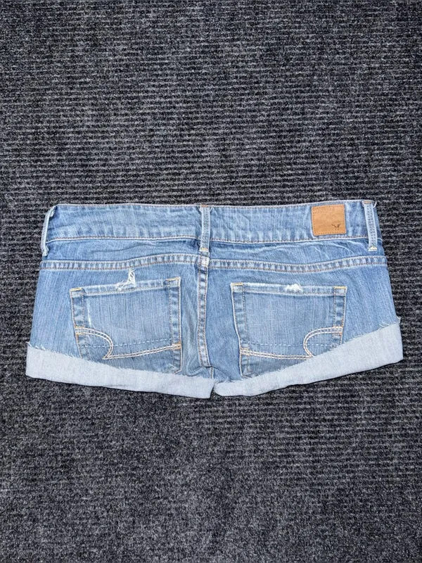 VTG Y2K American Eagle Ultra Low Rise Micro Mini Jean Shorts 2 Distressed Grunge - Image 2