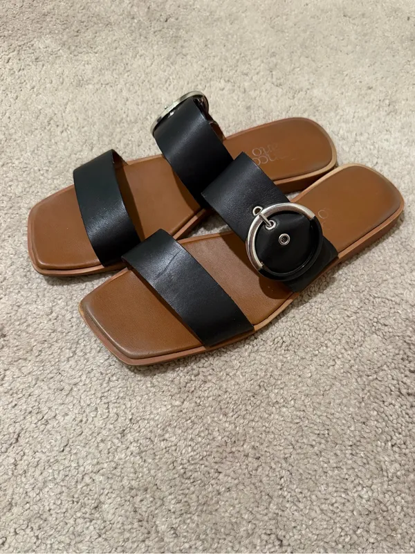 Franco Sarto Black Double-Strap Slide Sandals with Silver Buckle - Image 3