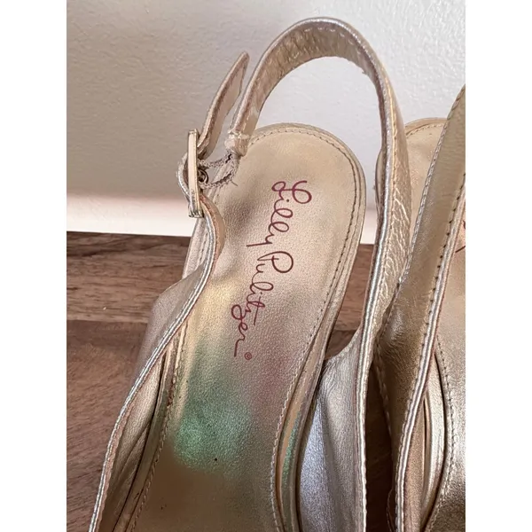 Lilly Pulitzer Gold‎ Metallic Leather Wedge Peep Toe Slingback Sandals *READ - Image 3