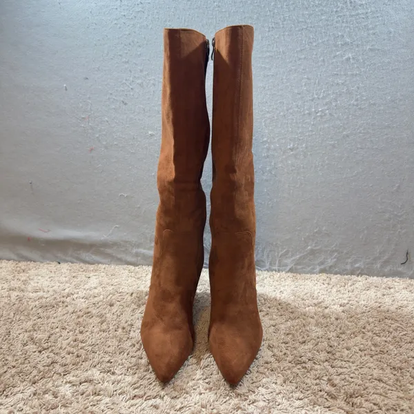 1411 | Modatope‎ VIUGJNEX Cognac Faux Suede Block Heel Pointed Toe Boots 9W - Image 3