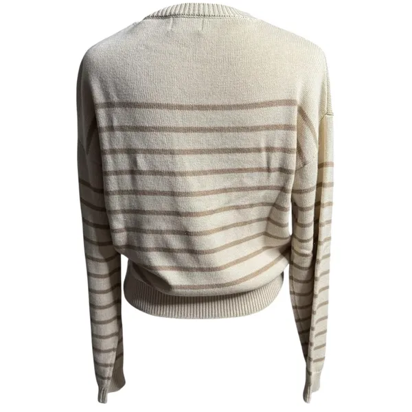 Pink Lily Striped Button Neck Sweater Cream Tan Small Coastal Grandma - Image 3