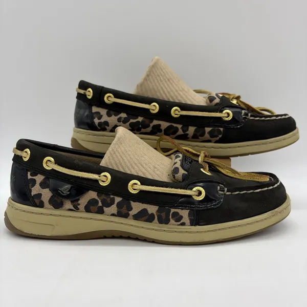 Sperry Top-Sider Womens 6 Boat Shoes Angelfish Black Leopard Lace Up Gold Laces - Image 2