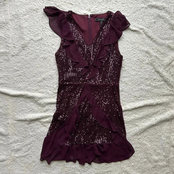 BCBGMaxAzria Purple Sequin Ruffle Mini Dress Size Small - Image 4