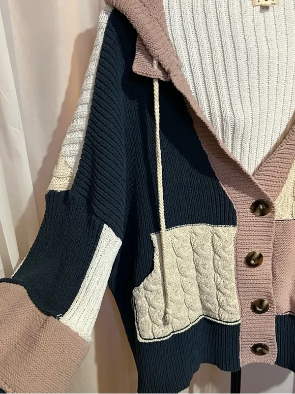 POL Colorblock Cable-Knit Hooded Cardigan - Pink/Navy/Cream - Image 6
