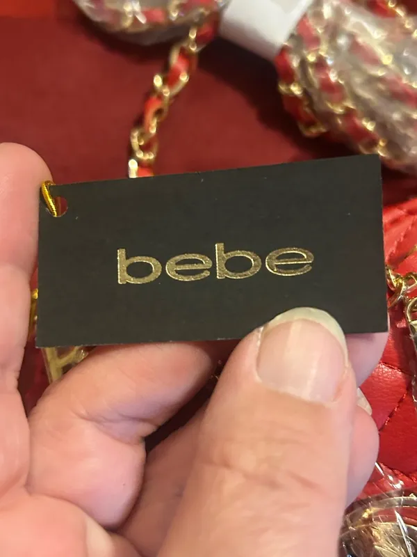 Bebe Red Quilted Heart Crossbody Bag with Gold Chain Charms - Image 3