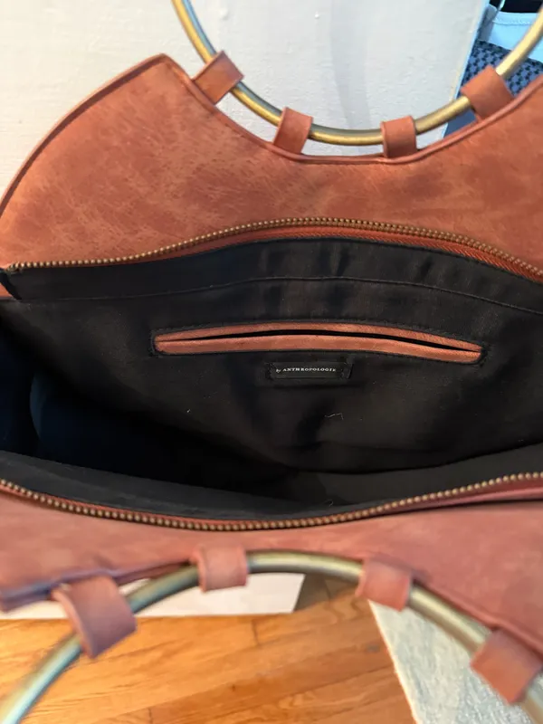 Anthropologie Round Faux-Leather Tote Bag with Gold Ring Handles - Brown - Image 2