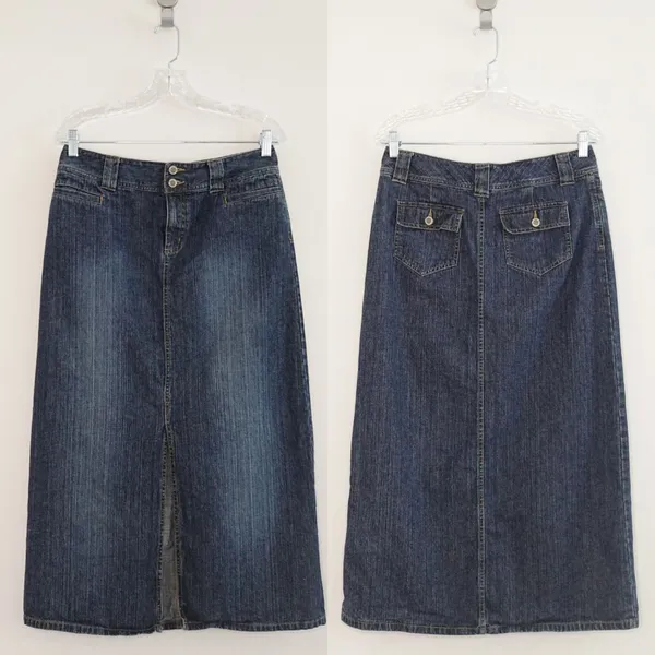 Vintage Y2K Faded Glory Dark Wash 100% Cotton Denim Mid Rise Maxi Skirt Size 6 - Image 2