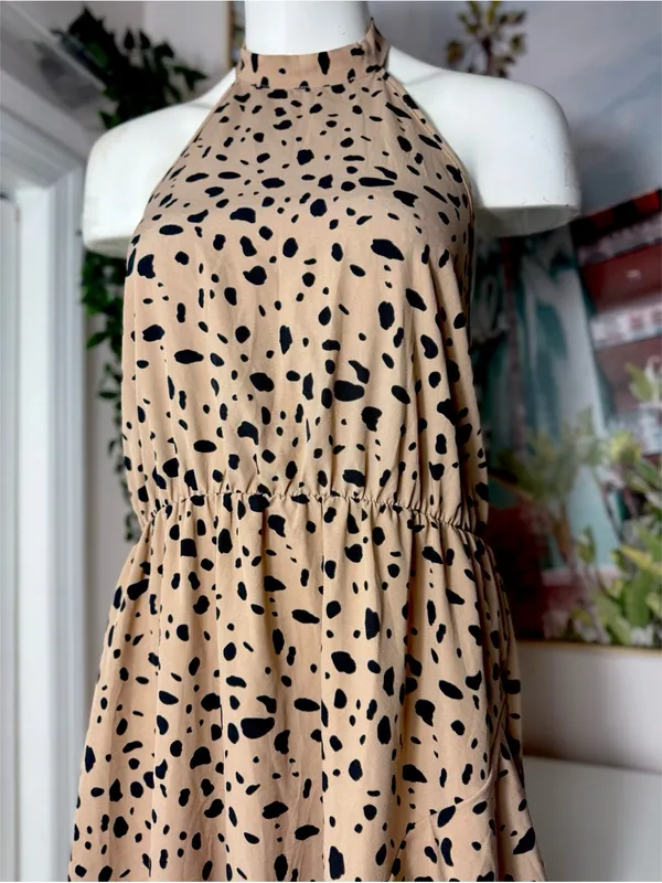Shein Beige Black Cheetah Print Halter Ruffle Asymmetric Dress XL 12 Stretch - Image 4