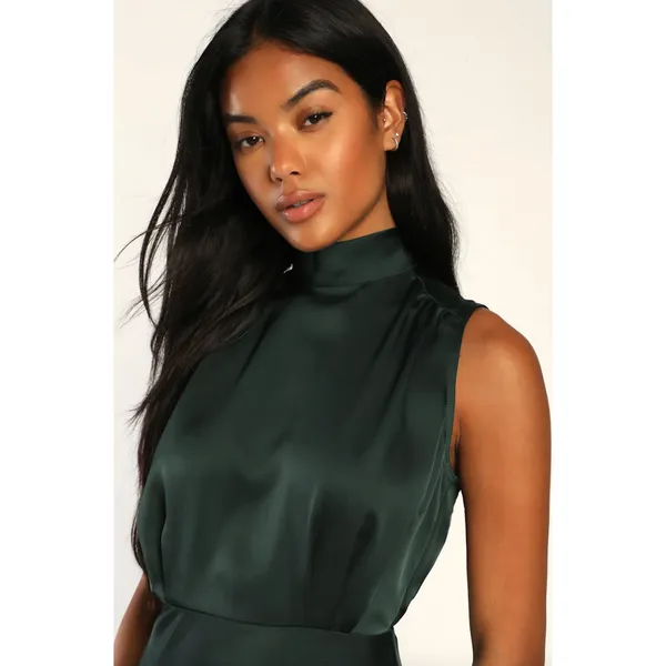 Lulus Classic Elegance Green Satin Sleeveless Mock Neck Maxi Dress Medium NWT - Image 3