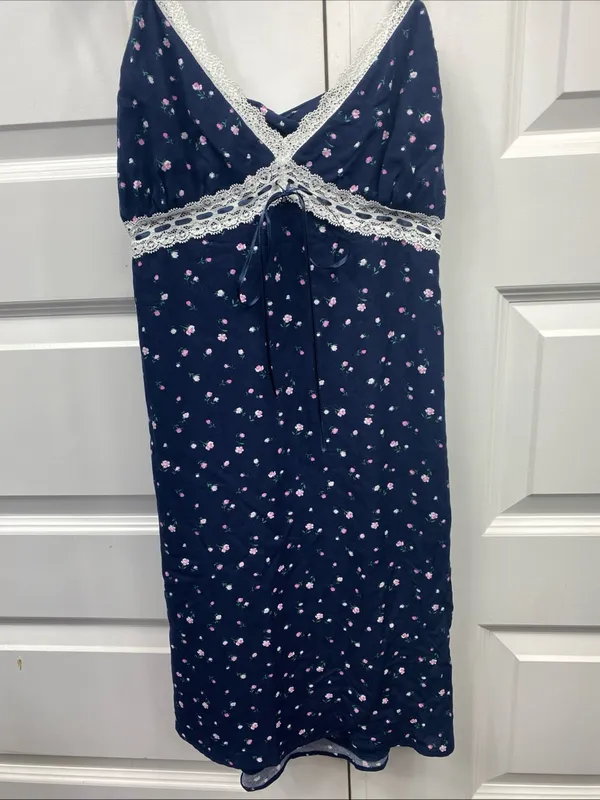 Hollister Slip Dress Small Navy Floral Lace Bow Accent Babydoll Small Open Back - Image 2