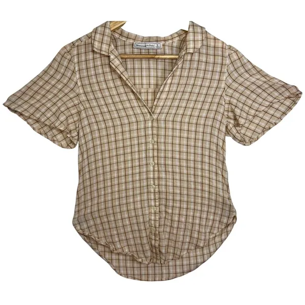 Abercrombie & Fitch Brown White Plaid Short Sleeve Button Front Blouse Size S - Image 2