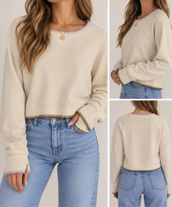 Madewell Cream Sweatshirt Small Contrast Stitch Thumbhole Pullover - Image 2